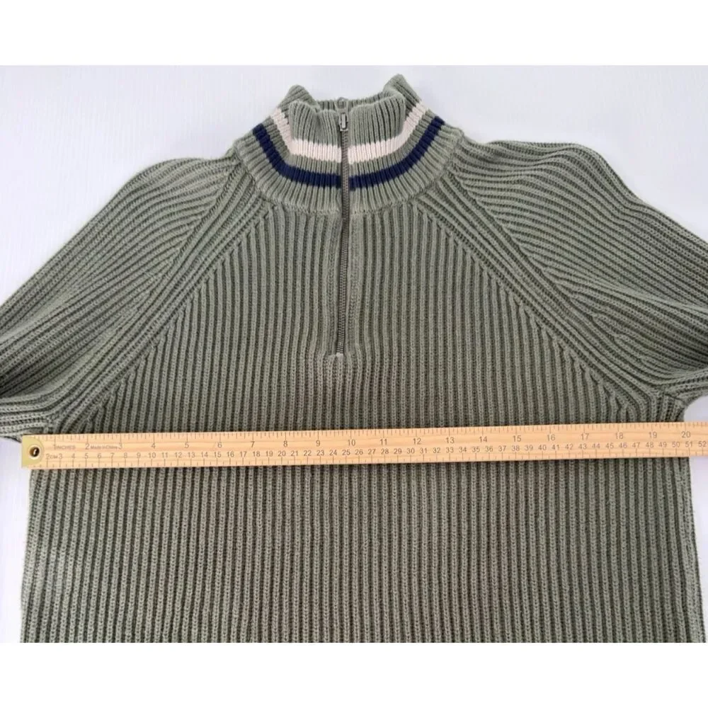 J CREW Knit Sweater Men M Green Ribbed Half-Zip Varsity Stripe Trim Cotton BC592